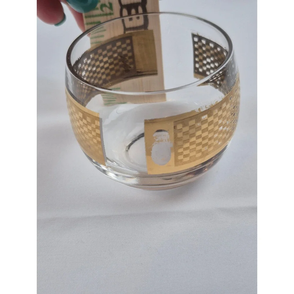 Vintage MCM Gold Checkerboard Roly Poly Rocks Glasses Set of 4 Whiskey Lowball